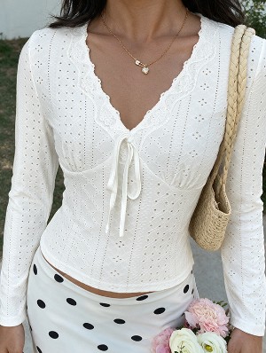 Pure Jacquard Lace Up V Neck T-shirts