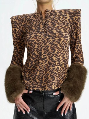 Leopard Fur Trim Long Sleeve Tops