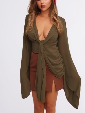 Wide Sleeve Tie Knot Backless Fitted Tee