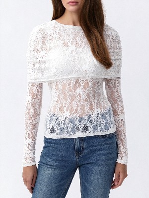 Ruched Lace Faux Two Piece Lace Tee