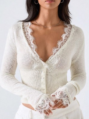 Lace Panel Solid Color V Neck Sweater