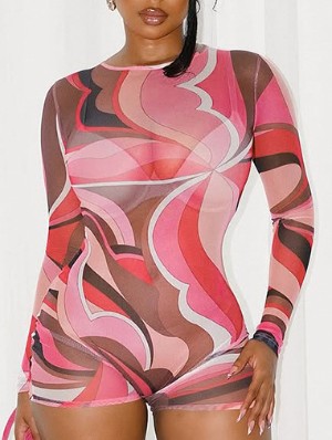 Contrast Ripple Gauze Sheer Fitted Rompers