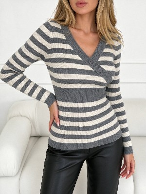 Stripe Buttoned Long Sleeve Knit Top