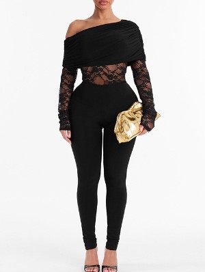 Lace Detail Sheer Inclined Shoulder Jumpsuits