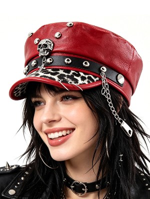Leopard Skull Metal Decor PU Captain Hat