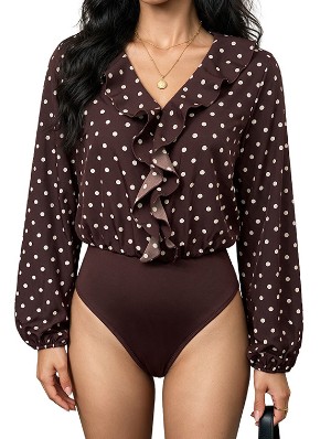 Polka Dots Ruffle V Neck Bodysuits