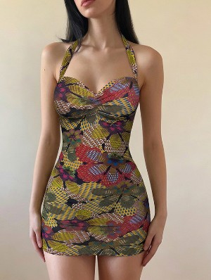 Patchwork Halter Print Sheath Dress 