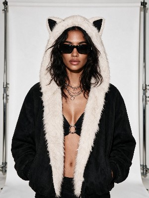 Chic Cat Ear Plush Hood Faux Suede Coat
