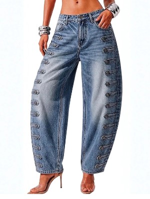 Metal Buckle Washed Denim Barrel Jeans