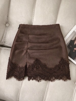 Faux Suede Eyelash Lace High Waist Mini Skirt