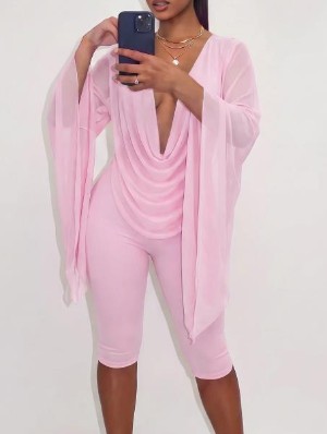 Trumpet Sleeve Ruched V Neck Short Sets