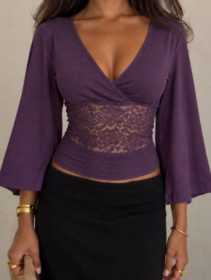 Lace Panel V Neck Batwing Sleeve T-shirts