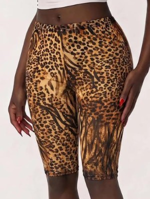 Leopard Gauze Sheer Bodycon Knee Shorts