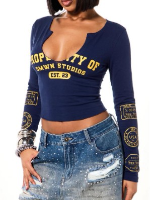 Graffiti U Neck Cropped Long Sleeve Tops