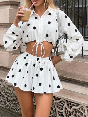 Polka Dots Cropped Shirt Wide Leg Short Sets