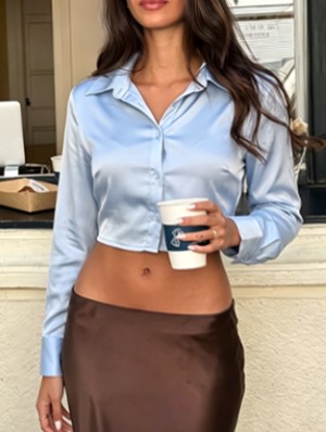  Lace Up Satin Cropped Collar Shirt