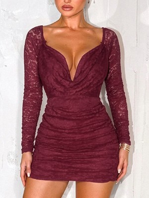 Lace Detail Wing Neck Sheer Mini Dress