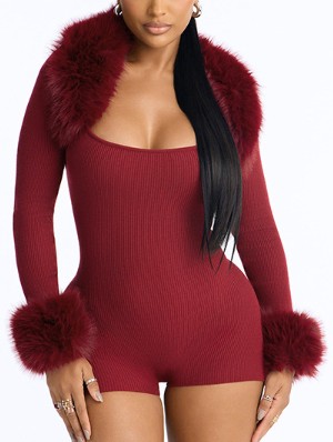 Fur Trim Shawl Sleeveless Rompers Sets