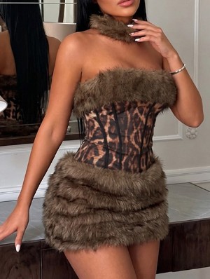 Fur Trim Choker Leopard Strapless Mini Dress