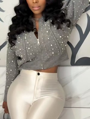 Faux Pearl Beading Knitted Zipper Cardigan