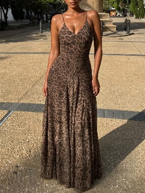 Sexy Leopard Low Cut Cami Maxi Dress