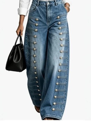 Metal Button Wide Leg Pants