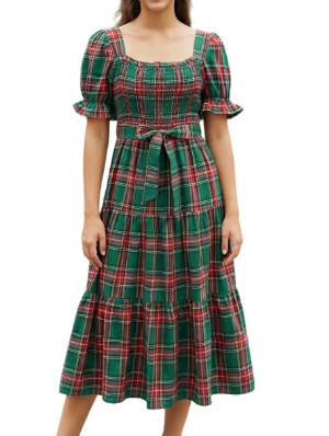 Vintage Plaid Waist Midi Dress