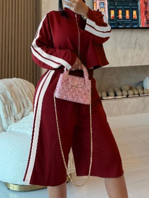 Striped Trim Coats Wide Leg Capri Pants Sets