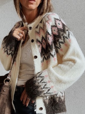 Geometric Pattern Crewneck Long Sleeve Cardigan