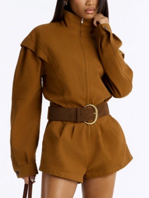 Stand Collar Zipper Long Sleeve Rompers