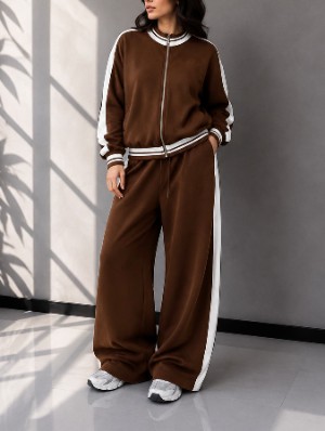 Contrast Striped Trim Loose Coats Pant Sets