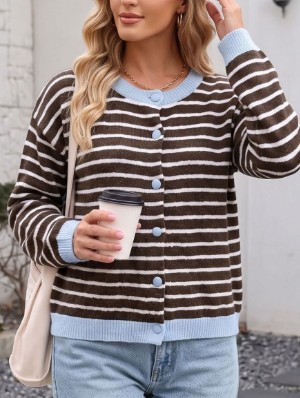 Striped Crewneck Long Sleeve Cardigan 