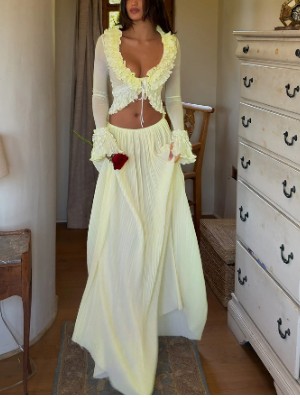 Pure Color Ruffle Cropped V Neck Skirt Sets