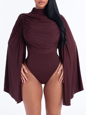 Ruched Mock Neck Ribbons Fitted Bodysuits