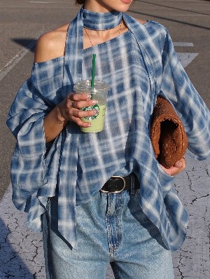Chic Plaid Shawl Wrap Top Loose Summer Blouse