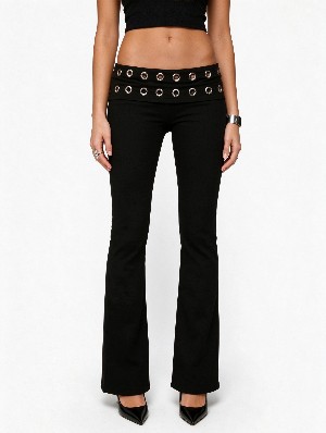 Metal Eyelet Belted Low Waist Slim Flare Pants