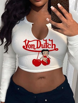 Cartoon Printed Notch U Neck Cropped Tops