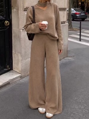 Solid Color Long Sleeve Knitting Pant Sets