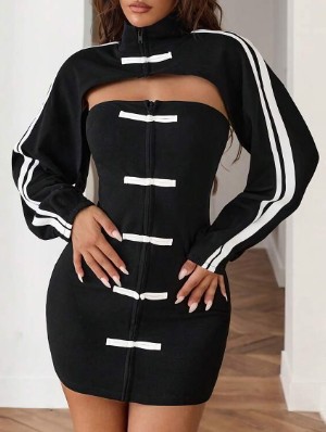 Frog Button Strapless Mini Dress Crop Jacket Sets