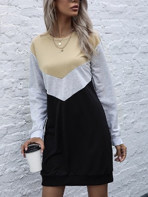 Colorblock Pullover Crewneck Long Sleeve Dress