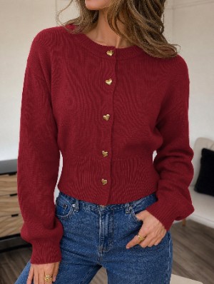 Heart Button Long Sleeve Knit Cardigan