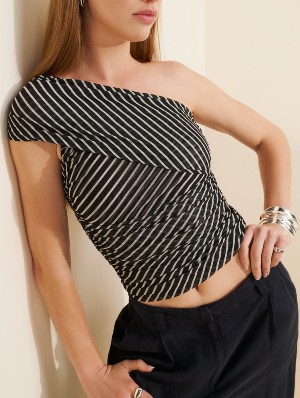 One Shoulder Striped Ruched Tank Top