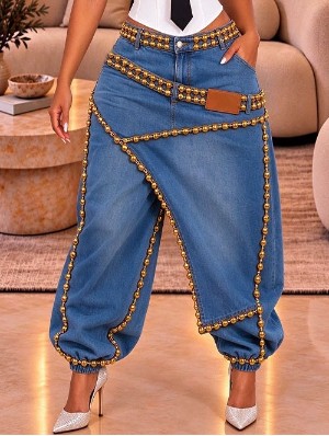 Rhinestones Denim Loose Ankle-tied Jeans