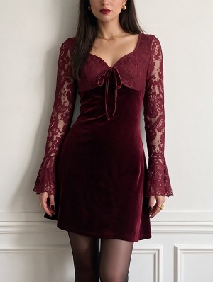 Patchwork Square Neck Long Sleeve Dress
