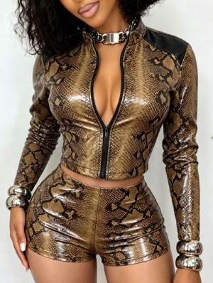 Snake Print Cropped PU Coat Short Sets