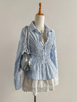 Striped Ruched Waist Slim Long Sleeve Shirt