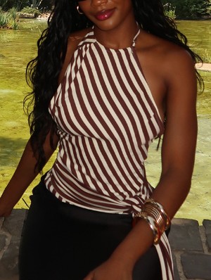 Striped Halter Backless Lace-Up Tanks