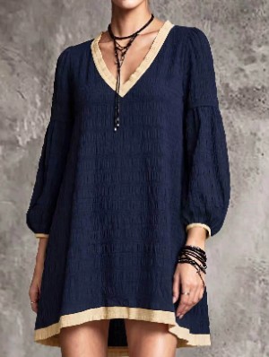 Deep V Neck Casual Puff Sleeve Dress