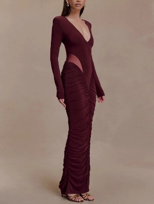 Long Sleeve Plunge Ruched Hollow Out Fitted Dress