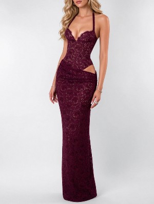 Halter Backless Lace Cutout Bodycon Tie Dress